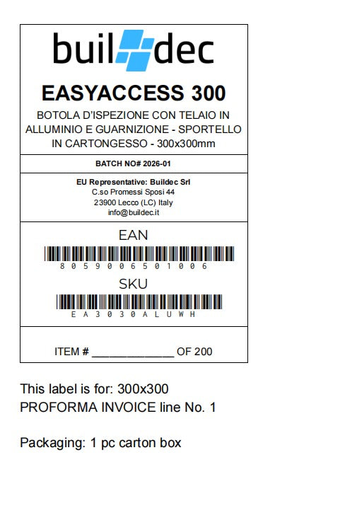 EA3030ALUWH Formato 300x300 mm botola d’ispezione con telaio in alluminio e guarnizione, con sportello in cartongesso