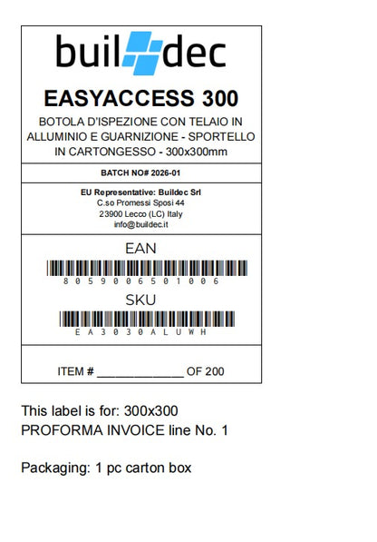 EA3030ALUWH Formato 300x300 mm botola d’ispezione con telaio in alluminio e guarnizione, con sportello in cartongesso